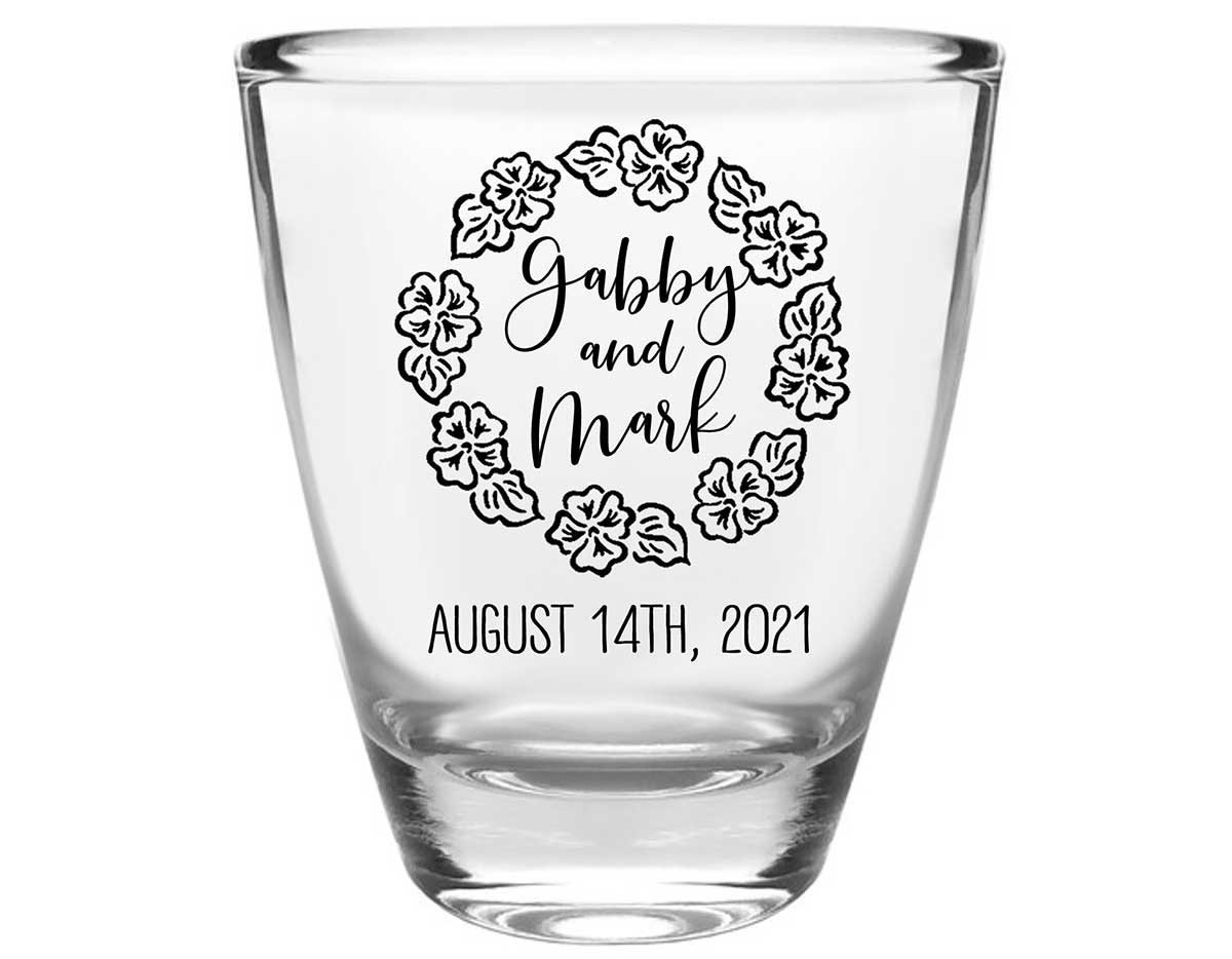 Tropical Floral Love 1B Clear 1oz Round Barrel Shot Glasses Beach Wedding Gifts for Guests