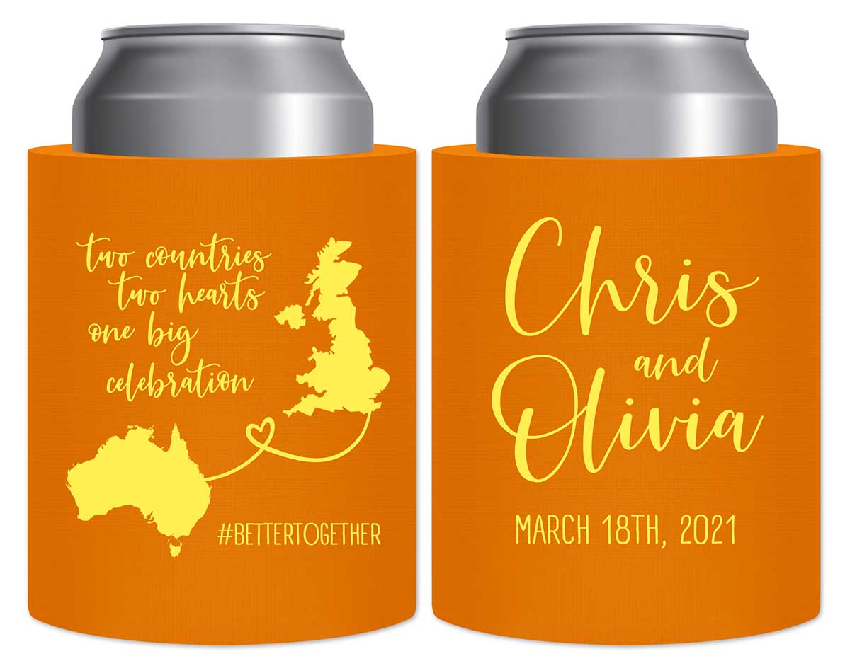 Two Countries Two Hearts One Big Celebration 1A Thick Foam Can Koozies Destination Wedding Gifts for Guests