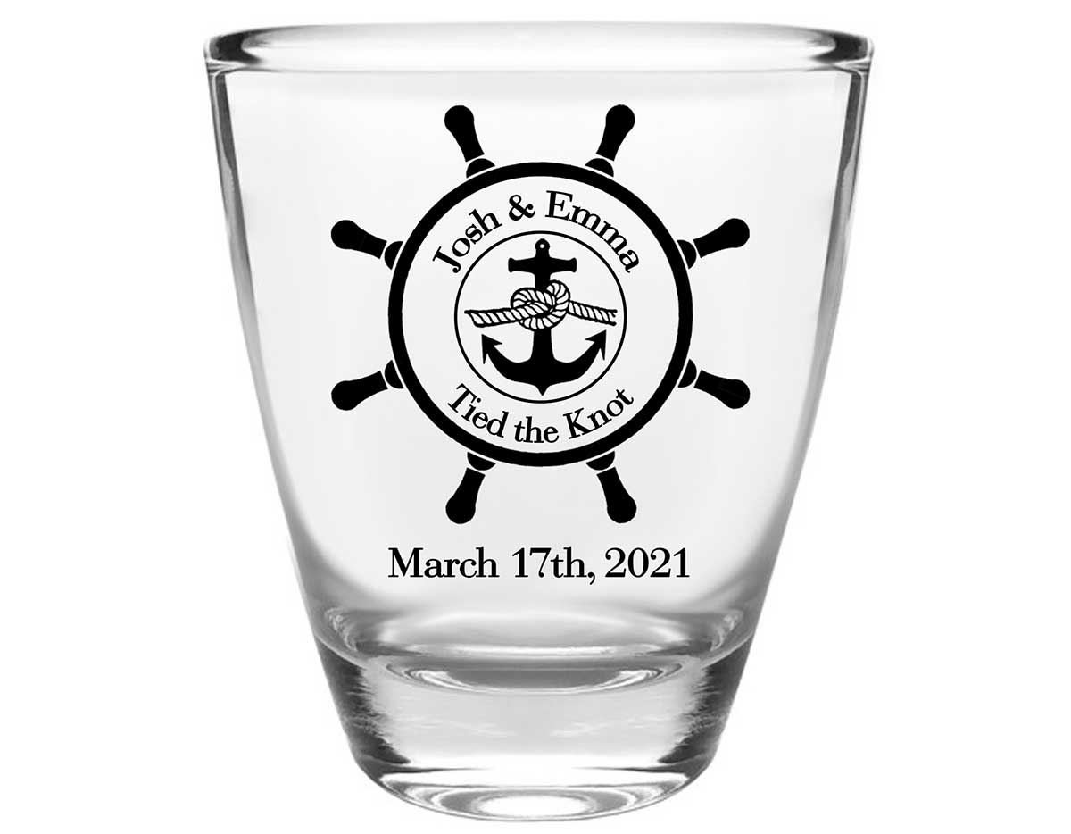 We Tied The Knot 1A Ship's Wheel Clear 1oz Round Barrel Shot Glasses Nautical Wedding Gifts for Guests