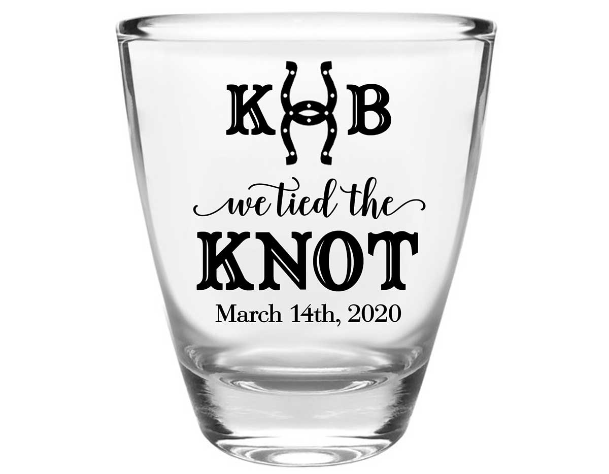 We Tied The Knot 4A Horse Shoe Clear 1oz Round Barrel Shot Glasses Country Wedding Gifts for Guests